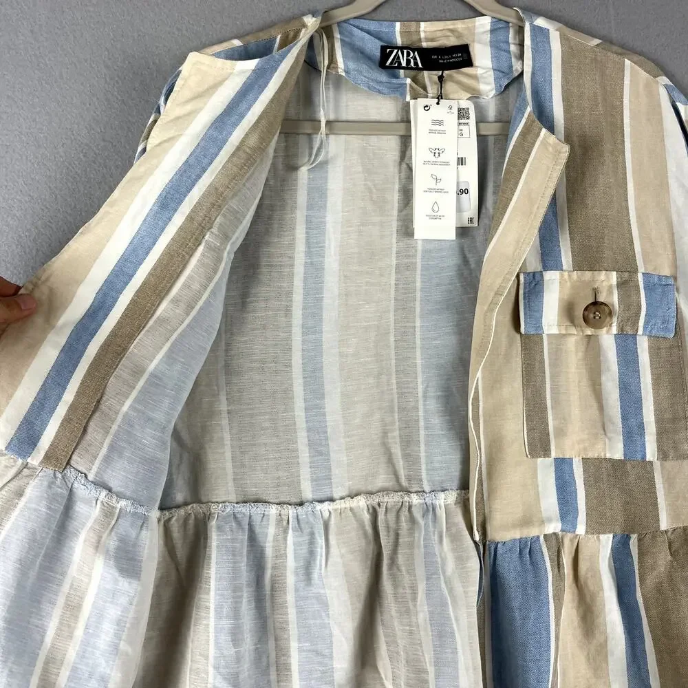 Zara Jacket Womens Large Striped Blue Linen BlendOpen Front Peplum Coastal NWT - Picture 10 of 16